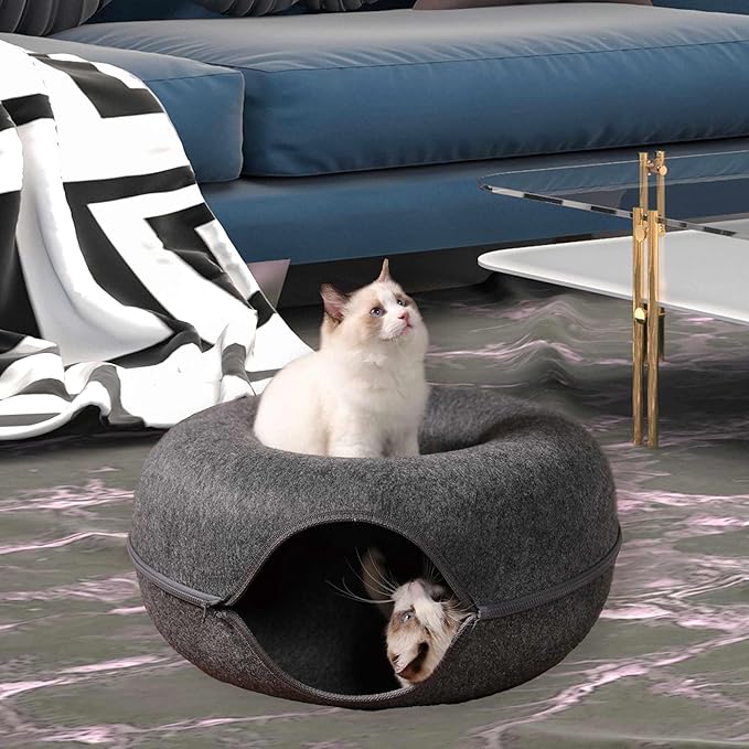 Cat Cave for Indoor Cats, Cat Donut Cat Tunnel Bed, Scratch Resistant Cat Toys for Medium Large Cats up to 30 lbs (Blue, Large)