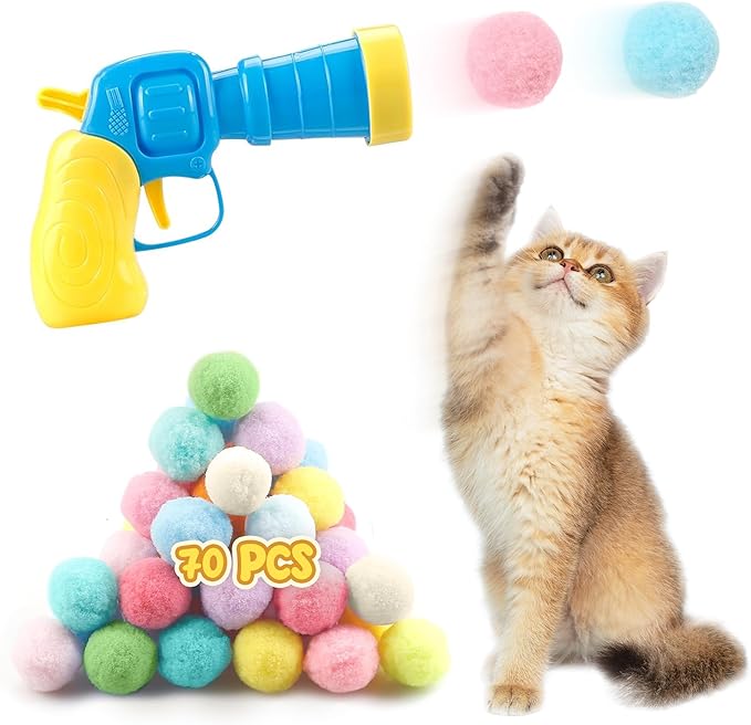 Cat Toy Ball Launcher, Interactive Cat Toy for Indoor Cat, Cat Gun with 70 Plush Balls, Cat Toy for House Cats, Exercise Toys for Kitten and Adult Cats, Kitten Toys, YELLOW BLUE