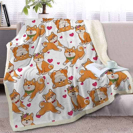 BlessLiving Cute Watercolor Dogs Pattern Fleece Blanket Shiba Inu Puppy Sherpa Reversible Throw Animal Print Plush Blanket (Twin, 60 x 80 Inches)