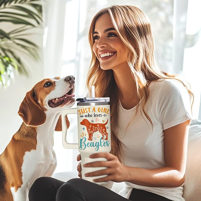 Beagle Gifts for Girls & Women, Christmas and Mother's Day Gifts for Beagle Lovers, Birthday Present Idea for Dog Owners, Dog Mom 40oz Tumbler with Handle & Straw