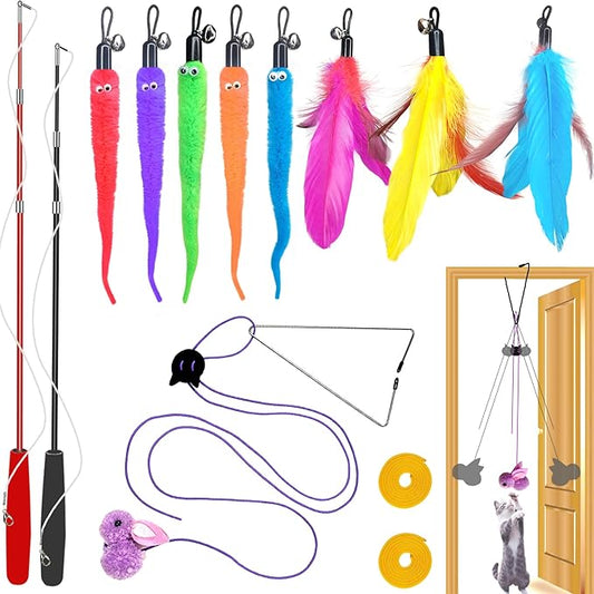 Cat Toys Interactive for Indoor Cats,2PCS Retractable Cat Wand Toys,9PCS Teaser Toys&1PCS Hanging Door Lure Cat Toy,Interactive Feather Toy for Teaser Play and Chase Exercise with Kitten
