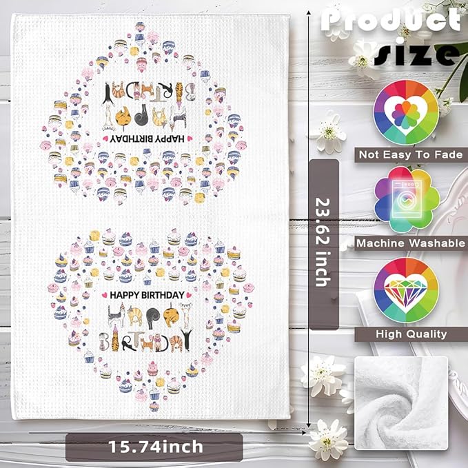 Happy Birthday Cat Towel,Cat Mom Gifts,Cat lady Gifts,Cat Gifts for Women,Crazy Cat Lady Gifts,Cat Kitchen Towels,Cat Hand Towel,Cat Dish Towels,Cat Kitchen Accessories-Gifts for Cat Lovers for Women