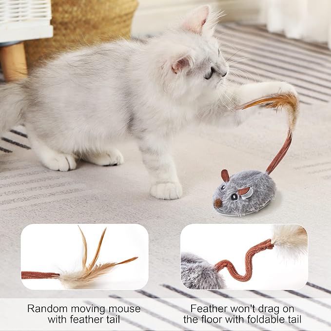 Suhaco Cat Toys for Indoor Cats Automatic Random Moving Mouse Kitten Toys, Interactive Kitty Mice Toys Electric Cat Toys with Feather Tail for Boredom USB Rechargeable Kitty Toys