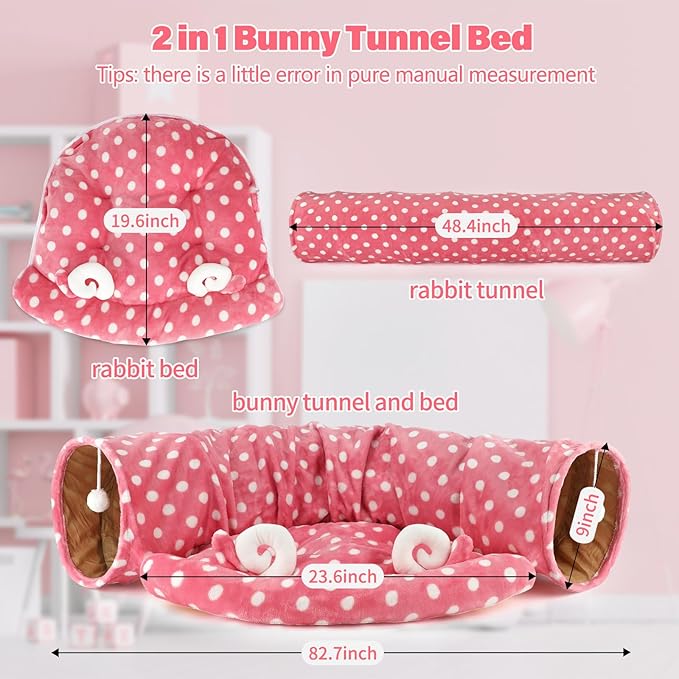 BWOGUE Bunny Tunnel Bed, 2-in-1 Collapsible Tunnel Tubes Toys with Removable Mat Hideout for Cats Kittens Rabbits Guinea Pigs Kitty
