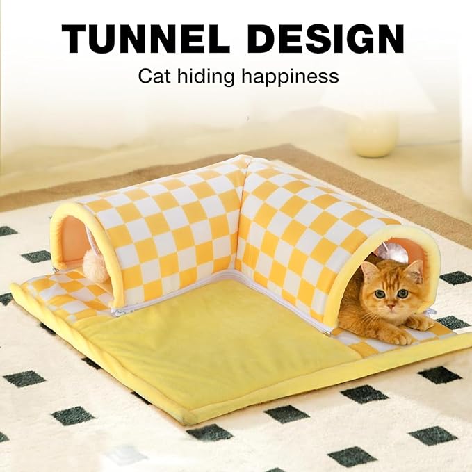 Cat Tunnel Bed with Fluffy Toy Balls, Small Cushion and Flexible Design Removable Cat Cave Tube for Small Medium Large Cat,Puppy,Rabbit,Ferret