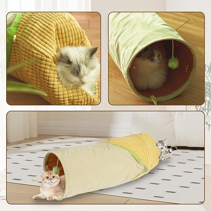 Cat Tunnel for Indoor Cat, Plush Cover Corn-Shaped Cat Tunnel Bed with Plush Cover, Length 33.5 Inch and Diameter 10.6 Inch, Suit for Kittens, Rabbits, Ferrets and Puppy