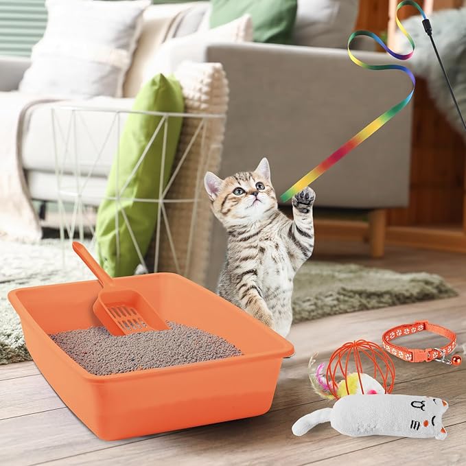 7 Pcs Small Cat Kitten Starter Kit Cat Litter Box with Shovel Cat Paw Litter Mat Double Automatic Cat Bowls Cat Toy Teaser Stick Cat Collar Essentials Kits for 1-3 Lbs Beginner (Orange,Simple)