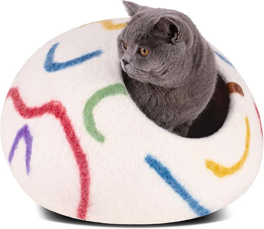 MEOWFIA Cat Cave – Premium Felt Cat Bed for Indoor Cats, Handmade 100% Merino Wool (Vivid Shades) (Medium, Ivory Rainbow)