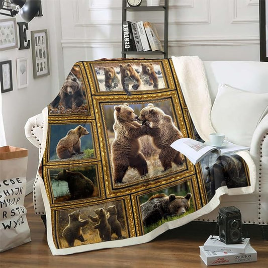 Feelyou Kids Bear Fleece Throw Blanket Baby 30"x40" Wild Animal Plaid Sherpa Blanket for Bed Sofa Couch Rustic Cabin Country Plush Blanket Women Men Fuzzy Blanket