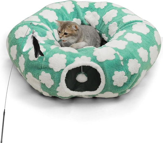 Cat Tunnel Bed for Indoor Cats,Soft Plush Peekaboo Cat Donut Tunnel with Washable Circle Cushion, Round Pet Play Tunnel Toy for Kitten Puppy Rabbit Ferret Green