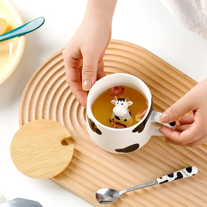 BigNoseDeer Cute Ceramic Cow Mug with 3D Cow Inside,Cow Print Coffee Mug,Cute Mugs with Lid Spoon,Cute Stuff Cool stuff Birthday Gifts Anime Gifts for Women Girlfrend Kids13oz
