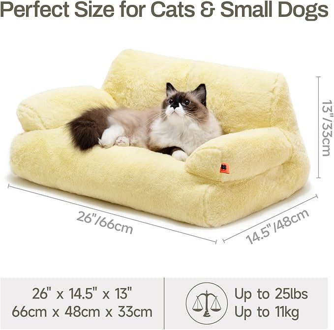 MEWOOFUN Pet Couch Bed, Washable Cat Beds for Medium Small Dogs & Cats up to 25 Lbs, Dog Beds with Non-Slip Bottom, Fluffy Cat Couch, 26×19×13 Inch (Yellow)