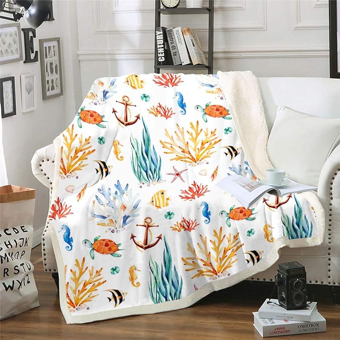 Anchor Fleece Throw Blanket Cute Turtle Seahorse Plush Blanket for Sofa Couch Bed Cartoon Coral Reef Seaweed Sherpa Blanket Sea Underwater World Fuzzy Blanket Colorful Room Decor Baby 30x40 Inch