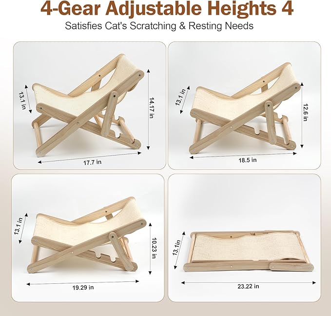 Sisal Cat Chair No Assembly Required, 3-Gear Adjustable Cat Sisal Lounge Chair, Natural Wooden Cat Chair for Indoor Cats with Removable Cat Chair Blanket, Cat Beach Chair for Small Medium pet