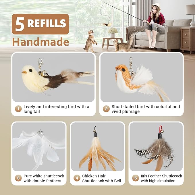 ROSAUI Cat Teaser Wand Toys, Interactive Bird Toys for Indoor Kittens, 47’’ Long Cat Fishing Pole Toys, 2X Wires and 5X Natural Refills, Sustainable Wooden Handles, Exercising, Playing