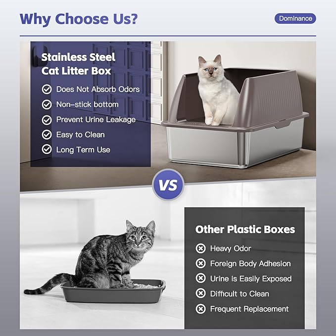14" XL Stainless Steel Litter Box for Cats, Enclosed Metal Litter Box with Lid, Extra Large Kitty Litter Box with High Sides for High Peeing Cat, Easy to Clean, Non-Sticky, Including Scoop