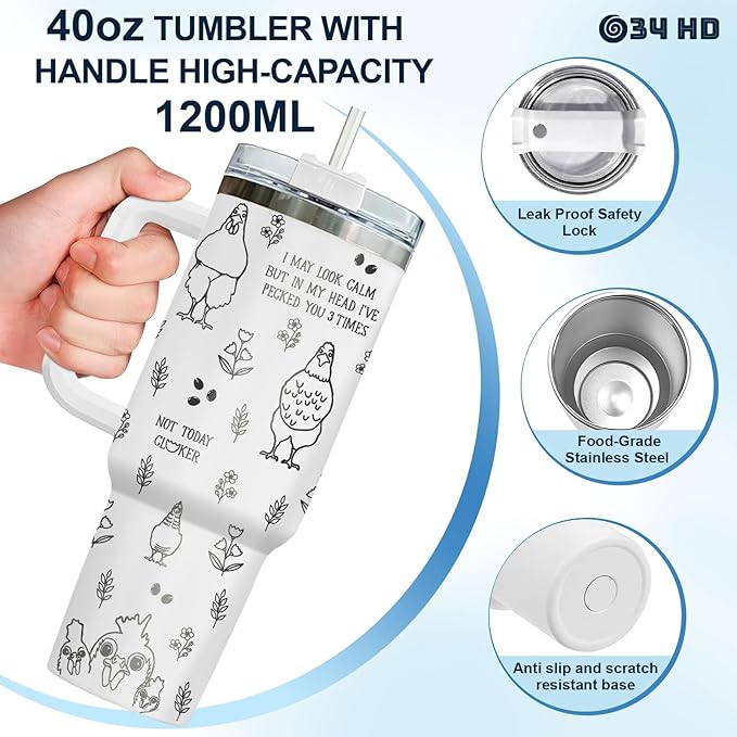 34HD Just A Girl Who Loves Chickens Tumbler with Lid & Straw, 40oz Vacuum Insulated Farmer Mug, Gifts for Chicken Lady Women Farmer, Chicken Lover Gifts for Birthday Christmas Mothers Day