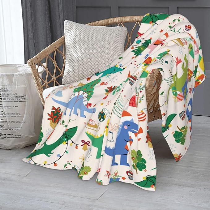 Kids Christmas Cute Dinosaur Print Blanket Throw 50"x40", Cozy Lightweight Plush Flannel Blanket, Soft Warm Decorative for Kids Women