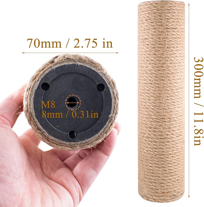 12 Inch Cat Scratching Post Replacement with M8 Screw Durable Cat Tree Scratch Post Refill Jute Rope for Cat Scratcher Climbing Perch Indoor Tower Furniture Scratching Tree Wall, Sisal, 2pcs