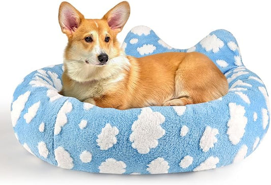 Cat Bed & Dog Bed, Removable Cozy Soft Cat Bed Washable Round Cute Dog Bed with Jacquard for Small Medium Cats and Dogs, Blue Sky XS
