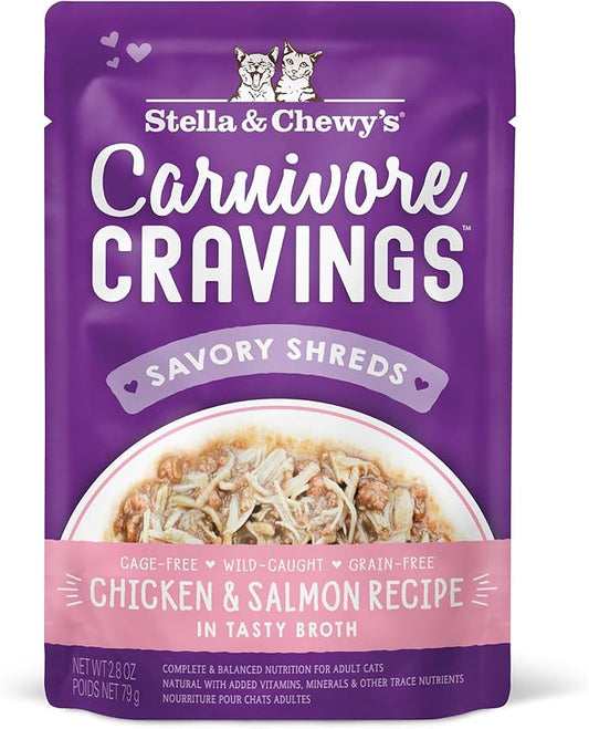 Stella & Chewy's Carnivore Cravings Wet Cat Food Pouches – Grain Free, Protein Rich Meal, Topper or Treat – Chicken & Salmon Recipe (2.8 Ounce Pouches, Case of 24)