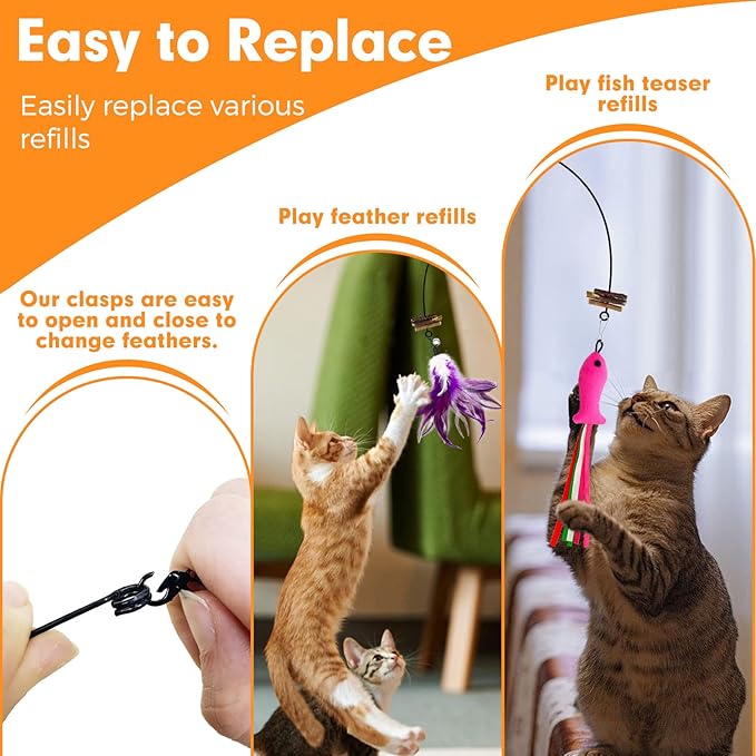 Cat Wand Toy, Cat Feather Toys with Silvervine & Bells, 2 * Cat Teaser Wand & 6 * Teaser Refills, Extra Long 38.5" Wire Cat Wand, Cat Toy for Indoor Cats & Kitten & Kitty