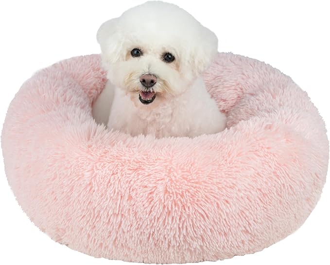 Best Pet Supplies Round Donut Dog Bed with Plush Faux Fur Fabric, Calming, Anti-Anxiety Cushion for Indoor Pets, Slip-Resistant Base, Soft Ergonomic Support - Pink, 24x24x7''