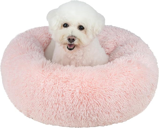 Best Pet Supplies Round Donut Dog Bed with Plush Faux Fur Fabric, Calming, Anti-Anxiety Cushion for Indoor Pets, Slip-Resistant Base, Soft Ergonomic Support - Pink, 27x27x7.5''
