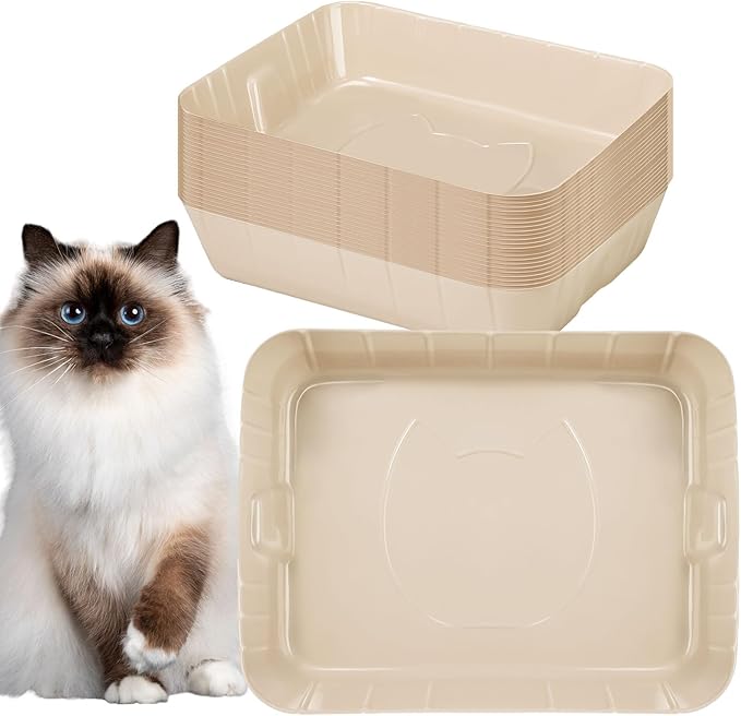 Bokon 25 Pcs Disposable Litter Boxes for Cats Plastic Cat Litter Tray Kitten Litter Pan for Kitty Rabbit Guinea Pig Hamster Pets Supplies Travel Home Toilet, 15.7 x 11.8 x 3 Inches (Beige)
