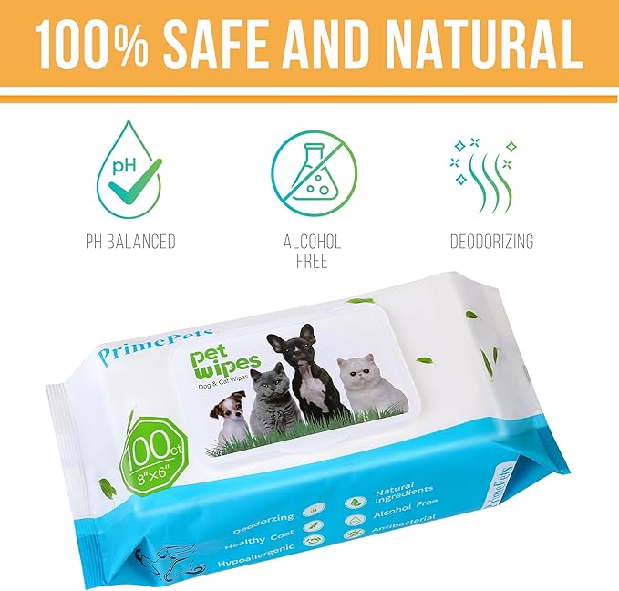 PrimePets Dog Wipes for Paws and Butt, 300 Count, 8" x 6" Pet Grooming Wipes for Dogs Cats Cleaning Deodorizing, Unscented Dog Paw Wipes, Puppy Wipes for Face Bum Eyes Ears Teeth