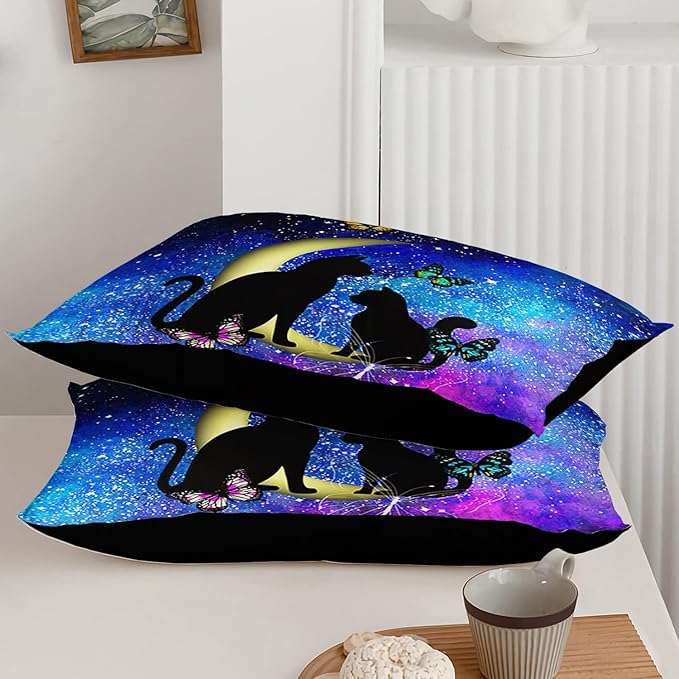 Black Cat Bedding Cartoon Cat Comforter Set Queen,Butterflies Moon Printed Kids Bedding Set for Kids Boys Girls Adults Teens,Kids Comforter Set All Season,1 Quilt 2 Pillow Cases,Blue