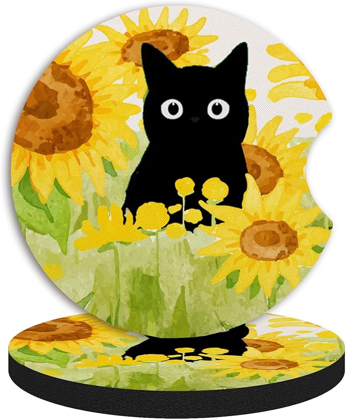 Car Coasters for Cup Holders，Sunflowers and Cat Cute Car Assecories for Women,2 Pack Cup Holder Coasters for Car, Anti Slip Rubber Car Cup Mat with A Finger Notch 2.75"