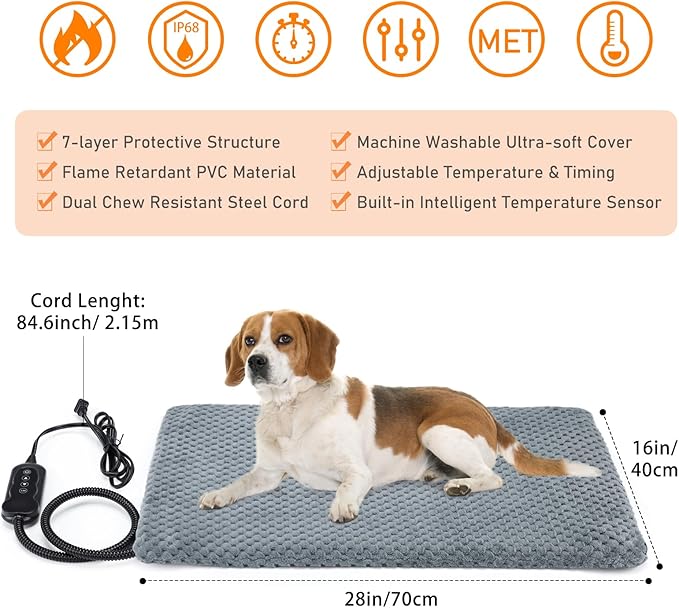 INVENHO Heated Dog Bed, Waterproof Adjustable Temperature Dog Cat Heating Pad with Timer, Indoor Pet Heating Pad for Cats Dogs Electric Pads for Dogs Cats, Pet Heated Pad (M: 28" x 16")