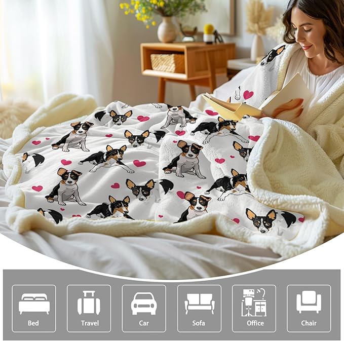 BlessLiving Rat Terrier Throw Blanket, Reversible Plush Fluffy Rescue Dog Sherpa Fleece Bedding for Kids Teens, Home Decor for All Seasons (Throw, 50 x 60 Inches)