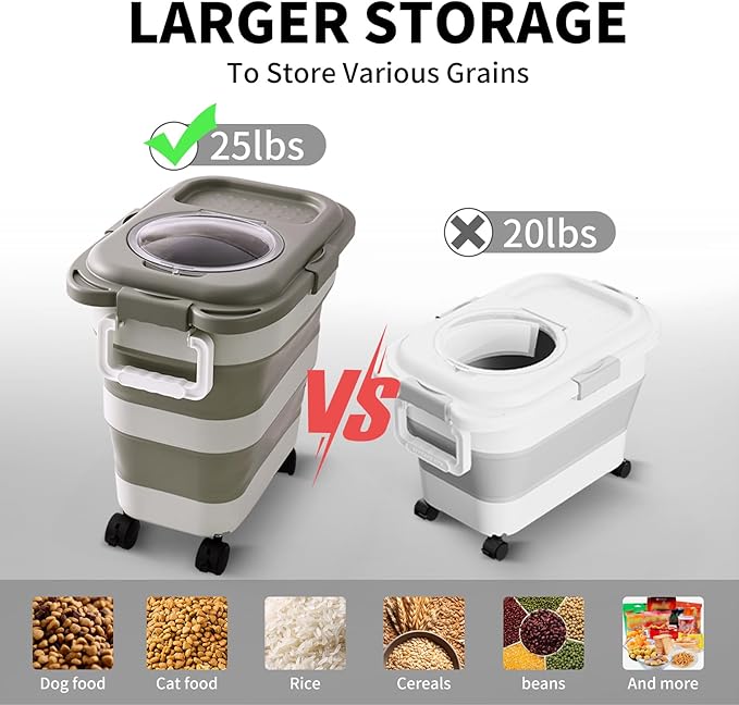 25 Lbs Dog Food Storage Container, Collapsible Dog Food Container with Scoop for Pet/Dog/Cat/Bird Food,Keep Dry Food Fresh,Easy to Move (Khaki)