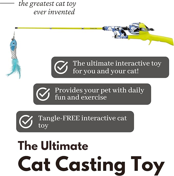 Cat Caster Fishing Pole Toy | Tangle Free, Retractable & Easy to Store. Includes Two Interchangeable Teaser Toys | The Ultimate Gift for Kitty Lovers, Cat Camo