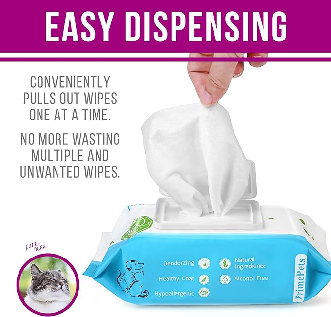 PrimePets Dog Wipes, 100 Count, 6x8 Inch Pet Grooming Wipes for Dogs Cats Cleaning Deodorizing, 100% Fragrance Free, Unscented Puppy Wipes for Paws, Butt, Eyes, Ears, Face and Teeth