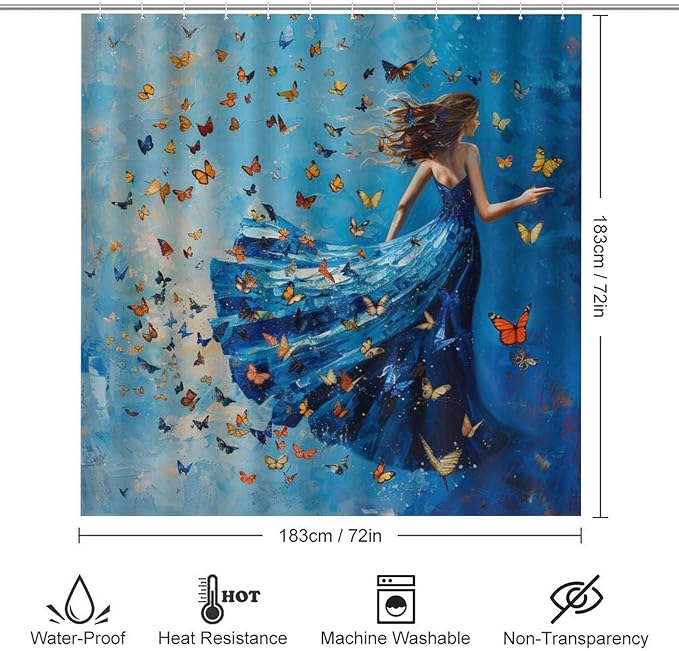 Brebasf Rustic Aesthetic Anime Girl Shower Curtain Set Bathroom Set Decorative Vintage Rustic Oil Painting Summer Beach Fantasy Colorful Butterfly 4 Piece
