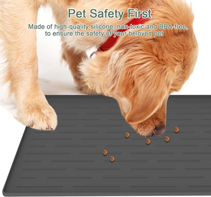 24"x16" Silicone Dog Food Mat with Raised Edges, Waterproof Non-Slip Pet Feeding Mat for Food & Water, Thick Durable Placemat for Cats and Dogs, Easy to Clean, Light Gray