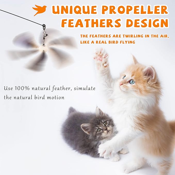 JXFUKAL Cat Wand Toys, Interactive Cat Toys with 3 Feather Refills, 29'' Flexible Steel Wire, Sturdy Wood Handle & Bell for Kitty Kitten, Cat Toys for Indoor Cats Cat Teaser Cat String Toy