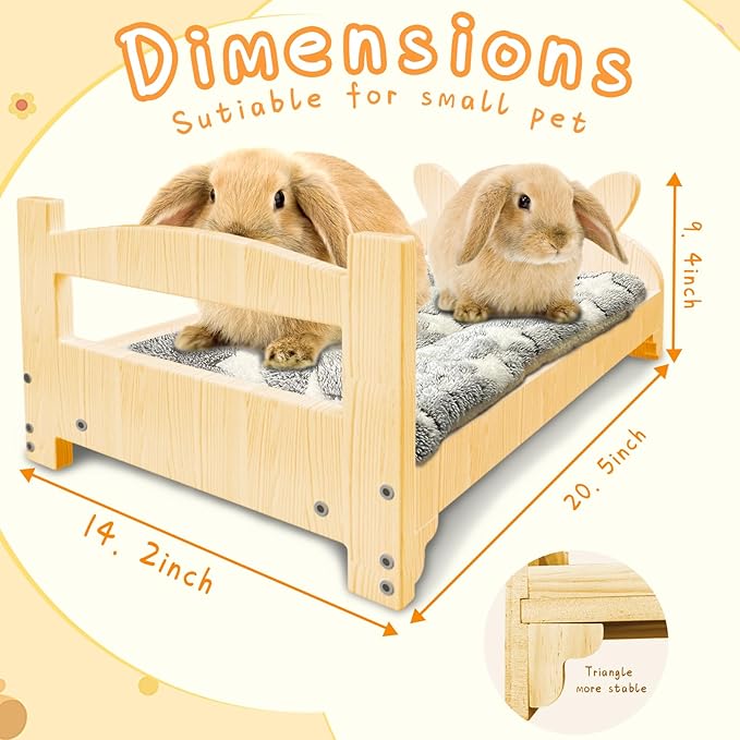 Larged Wooden Rabbit Bed, with Reinforced Bottom Support, Wooden Pet Bed with Removable Cushion, Designed for Small Pets, Suitable for Kittens,Bunny, Guinea Pigs, Puppies, Ferrets Sleeping Pet Bed