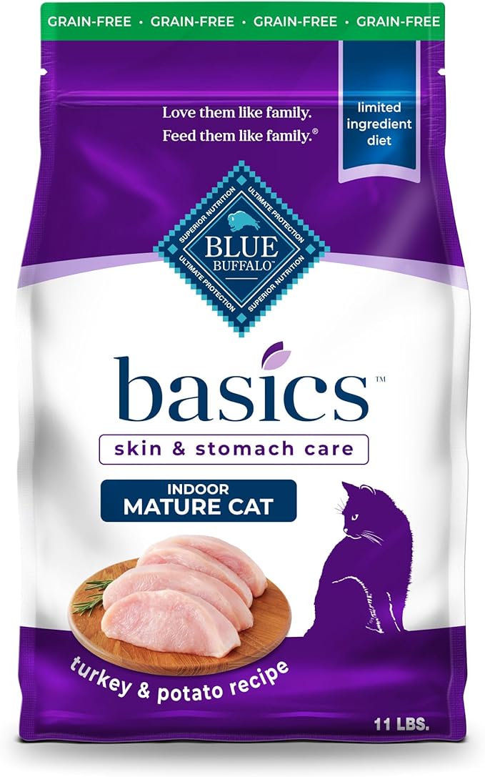 Blue Buffalo Basics Grain-Free Dry Cat Food, Skin & Stomach Care, Limited Ingredient Diet for Mature Indoor Cats, Turkey & Potato Recipe, 11-lb. Bag