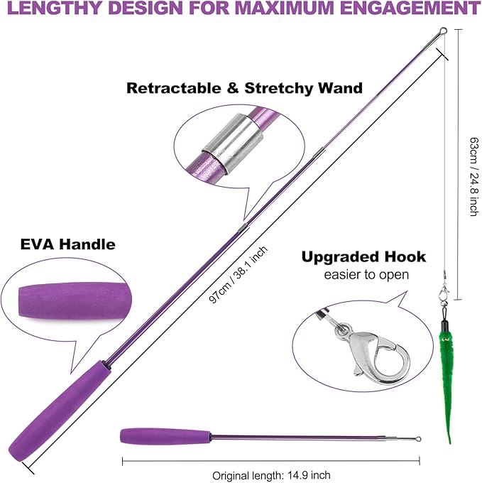 11PCS Cat Wand Toy, Cat Toys Interactive for Indoor Cats, 2 Retractable Cat Wand, 7 Worm Cat Teaser Toys and 1 Plush Fish Cat Toy, Cat Feather Toys for Play Chase Exercise with Kitten, Extra 1 Line