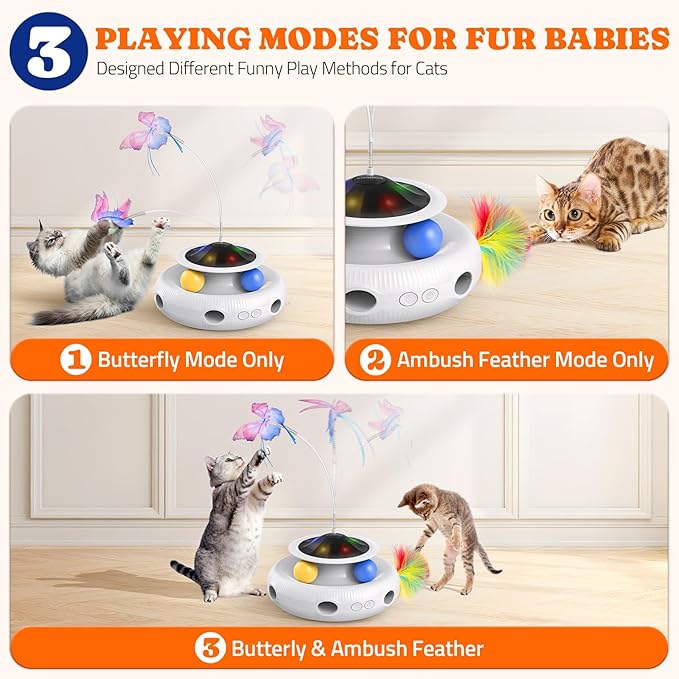 Interactive Cat Toys: 3 in 1 Automatic Cat Toy for Indoor Cats, Electric Kitten Toy with USB Rechargeable, Self Play Kitty Toy with Spinner Fluttering Butterfly, Track Ball and 2 Ambush Feathers