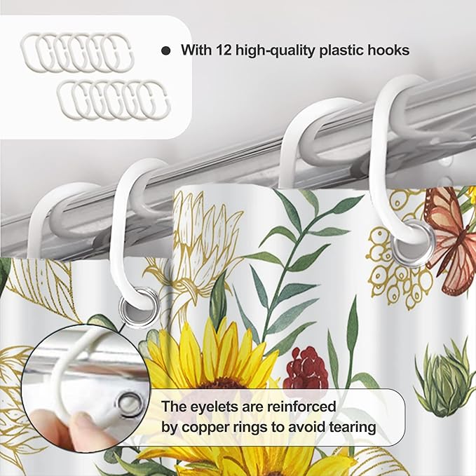 AWERT Vibrant Sunflower Shower Curtain for Bathroom,Waterproof Fabric Plants Shower Curtain with Hooks 72x72 inch