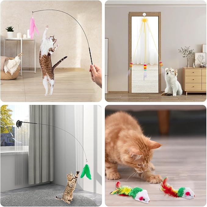 Depets Cat Wand Toy, 15 Pcs Interactive Cat Feather Toys, Cat Teaser Toy for Indoor Cats Self Play, 2 Play Modes Cat Toys Wand, Reusable Suction Cup Cat Toys for Indoor Cats Kittens Play Exercise