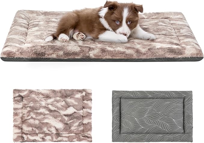 2 in 1 Dog Bed Crate Pad Mat Washable Reversible (Cool & Warm) Soft Fluffy Pet Kennel Beds for Large Medium Small Puppy Cat Sleeping Mattress Machine Wash Dog Cooling Mats (Brown, 24"*17.5"*1.5")