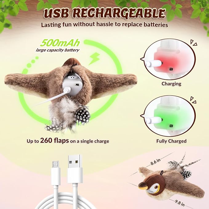Lukovee Interactive Cat Toys Rechargeable - Touch Activated Flapping Sparrow Catnip Toys with Lifelike Chirping, Plus Bird Toy with Rope and Hooks for Indoor Kitten Kitty Exercise (Khaki)