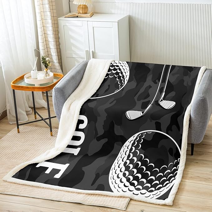 Golf Print Sherpa Blanket Black Camo Blanket Kids Boys Teens Camouflage Throw Blanket Queen for Chair Sports Themed Fleece Blanket,Golf Balls Gaming Plush Blanket Soft Microfiber Fuzzy Blanket