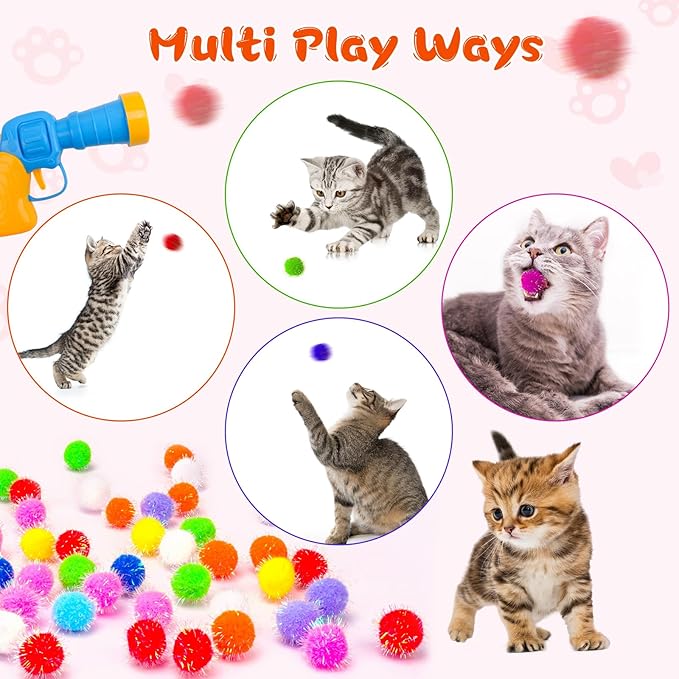 BooTaa Pet Toys, Interactive Cat Toy Set, 80pcs Glitter Pom-Poms Cat Ball Toy with 1 Launcher, Safe Soft Cat Toy Balls for Fetch, Training, Playing